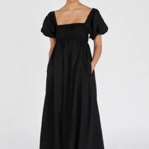 DISSH Bianca in Black Natural  Linen Square Neck Puff Sleeve Midi Dress